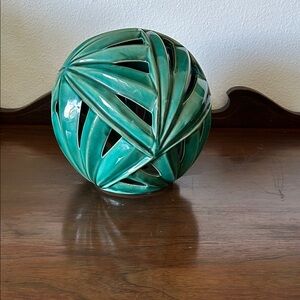 Green Ceramic Palm Leaf Decorative Orb Sculpture